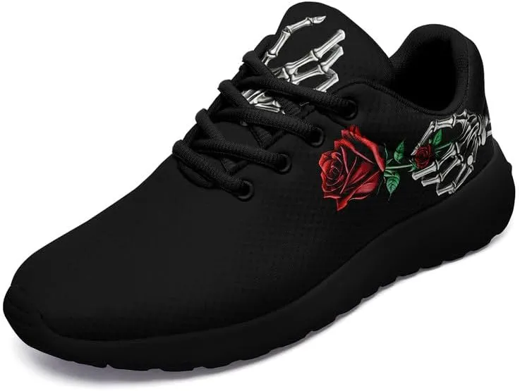 Women's Running Shoes with Unique Skull Rose Print, Non Slip Athletic Gym Training Walking Sneakers for Men