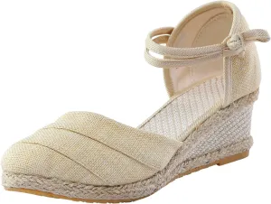 Womens Sandals Closed Toe Linen Wedge Sandals Buckle Ankle Strap Platform Comfortable Breathable Beach Sandals