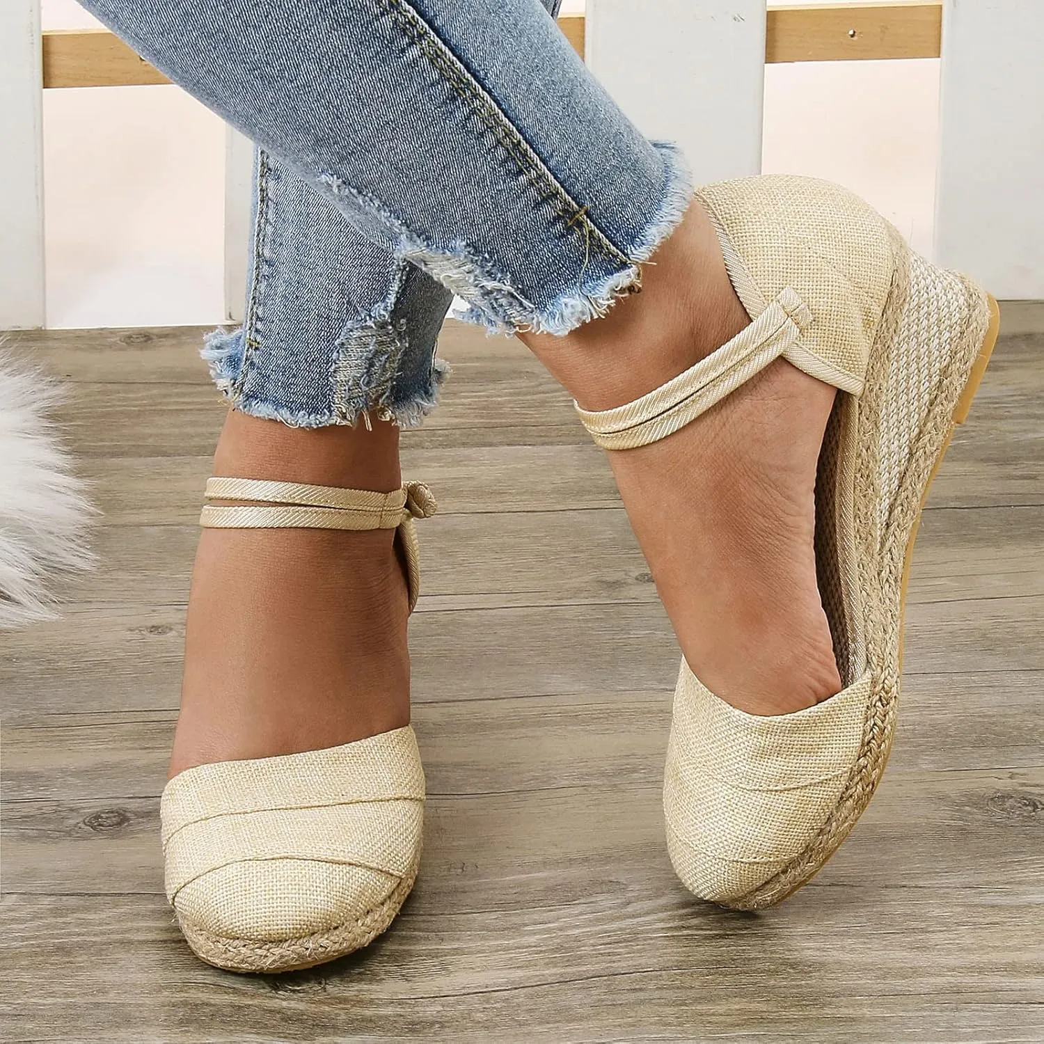 Womens Sandals Closed Toe Linen Wedge Sandals Buckle Ankle Strap Platform Comfortable Breathable Beach Sandals