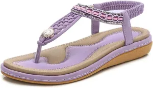 Women's Sandals Straw Rope Beaded Thick Sole Flat Sandals Plus Size Pointed Diamond Hot Beach Shoes
