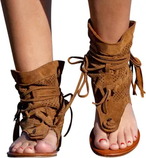 Womens Sandals, Women's Sandals Tassel Ankle Boots, Retro Bohemian Sandals Beach Travel Shoes Clip Toe Flip Flops High Top Flat Casual Dressy Sandals