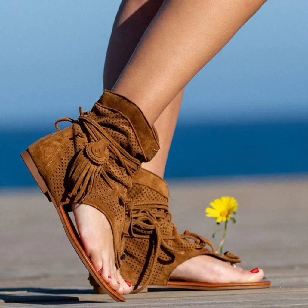 Womens Sandals, Women's Sandals Tassel Ankle Boots, Retro Bohemian Sandals Beach Travel Shoes Clip Toe Flip Flops High Top Flat Casual Dressy Sandals