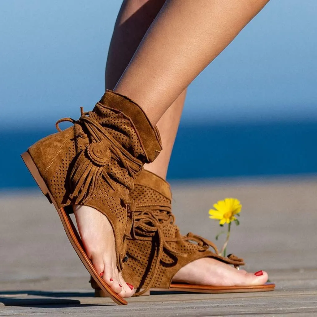 Womens Sandals, Women's Sandals Tassel Ankle Boots, Retro Bohemian Sandals Beach Travel Shoes Clip Toe Flip Flops High Top Flat Casual Dressy Sandals