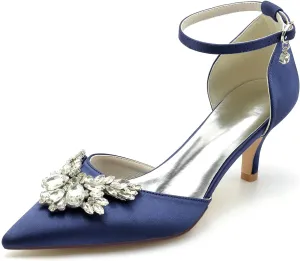 Women's Satin with Crystal Party Dress Sandals Ankle Strap Pointed Toe Pumps Heel Wedding Shoes for Bridal