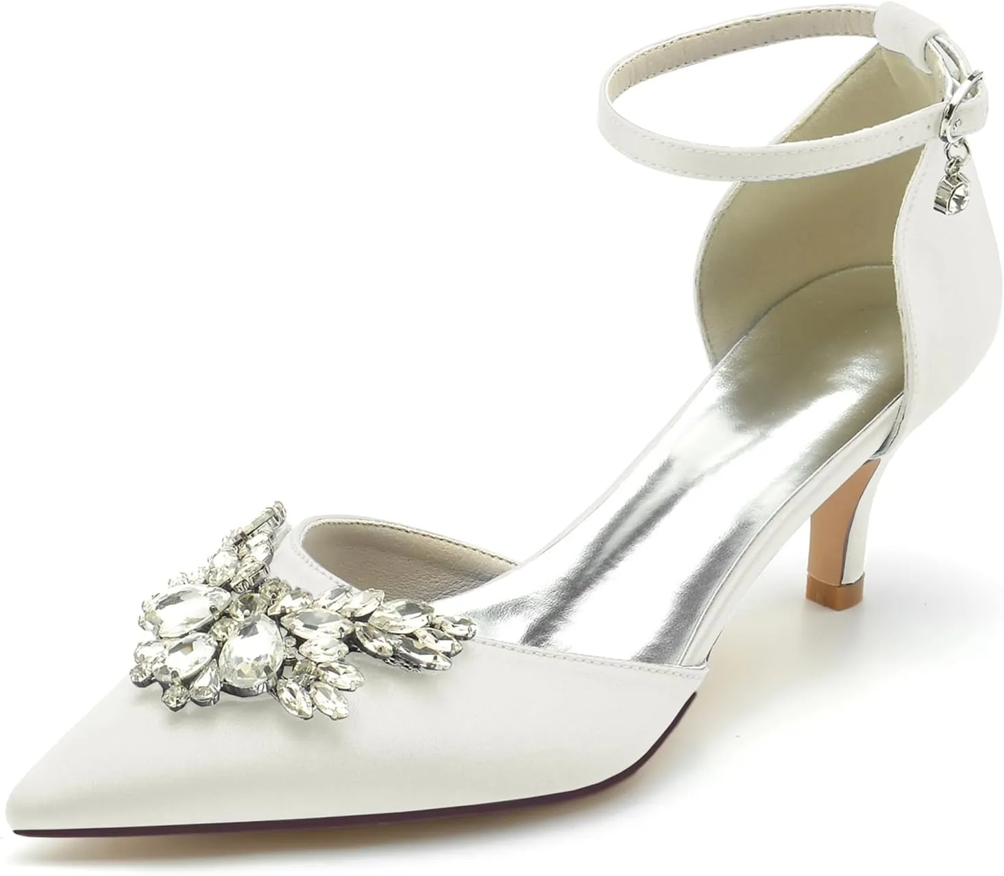Women's Satin with Crystal Party Dress Sandals Ankle Strap Pointed Toe Pumps Heel Wedding Shoes for Bridal