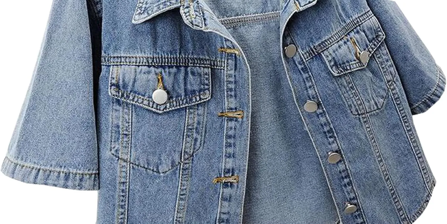 Women's Short Sleeve Classic Denim Jackets Cropped Button Up Jean Coat Tops Outerwear