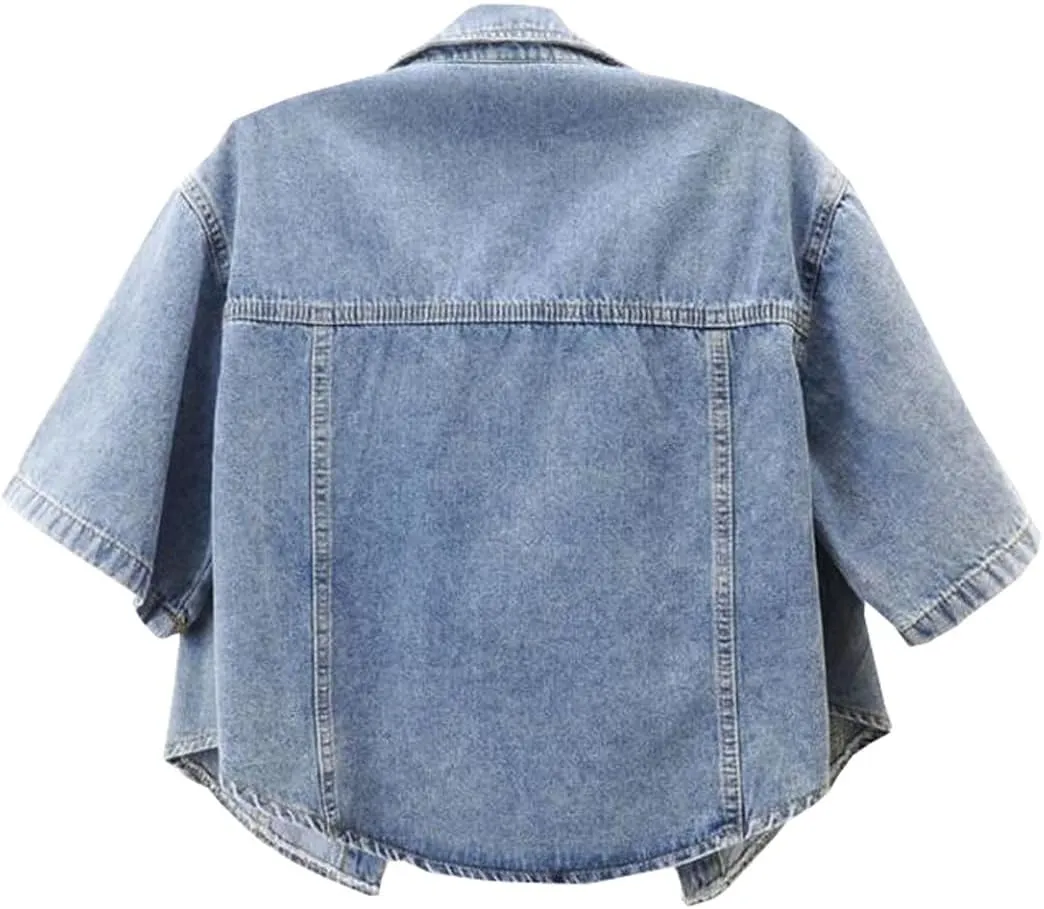 Women's Short Sleeve Classic Denim Jackets Cropped Button Up Jean Coat Tops Outerwear