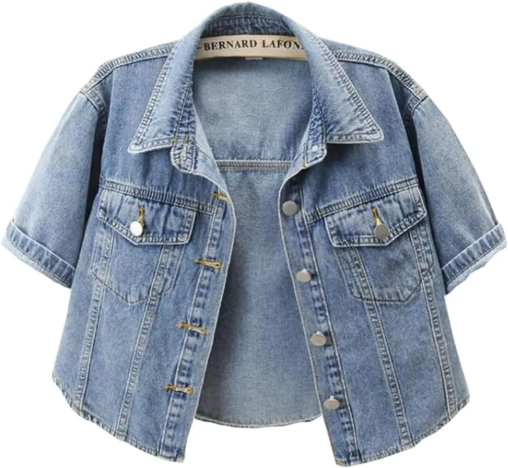 Women's Short Sleeve Classic Denim Jackets Cropped Button Up Jean Coat Tops Outerwear