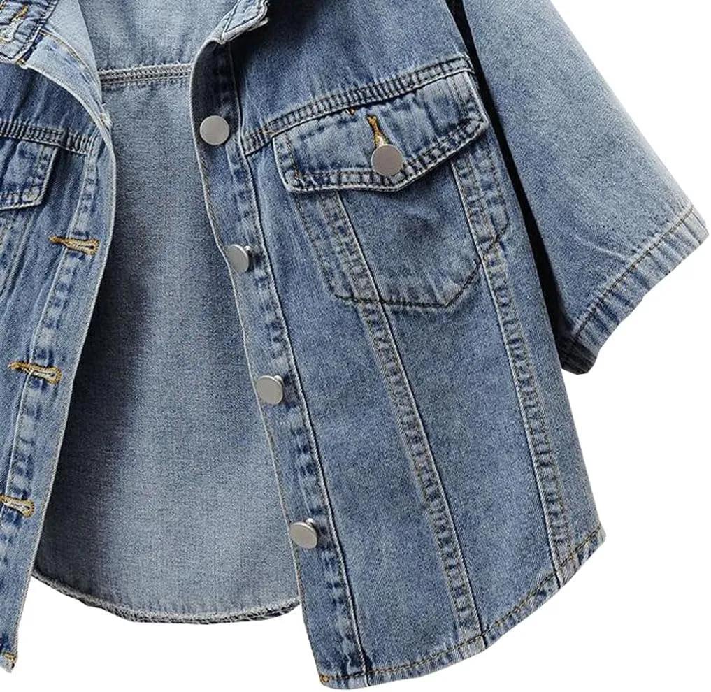 Women's Short Sleeve Classic Denim Jackets Cropped Button Up Jean Coat Tops Outerwear