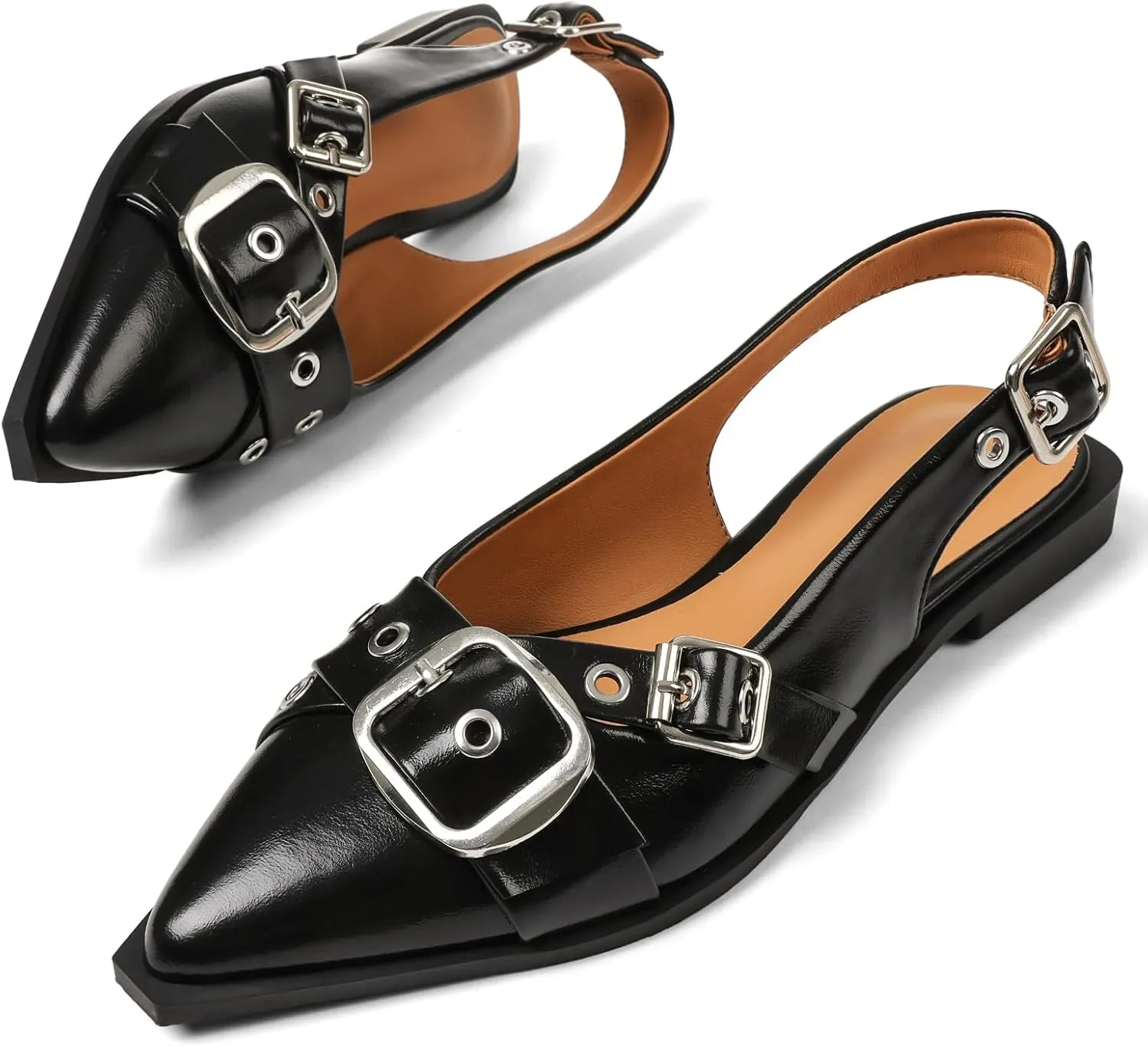 Women's Slingback Flats Closed Pointed Toe Low Heel Dress Flat Shoes Buckle Pathent Leather Ballet Flats for Women 2025 Comfrotable Work