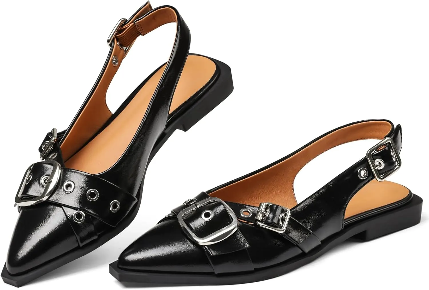 Women's Slingback Flats Closed Pointed Toe Low Heel Dress Flat Shoes Buckle Pathent Leather Ballet Flats for Women 2025 Comfrotable Work