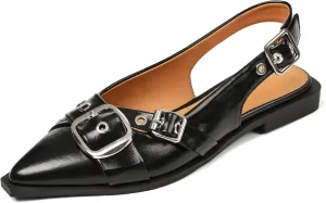 Women's Slingback Flats Closed Pointed Toe Low Heel Dress Flat Shoes Buckle Pathent Leather Ballet Flats for Women 2025 Comfrotable Work