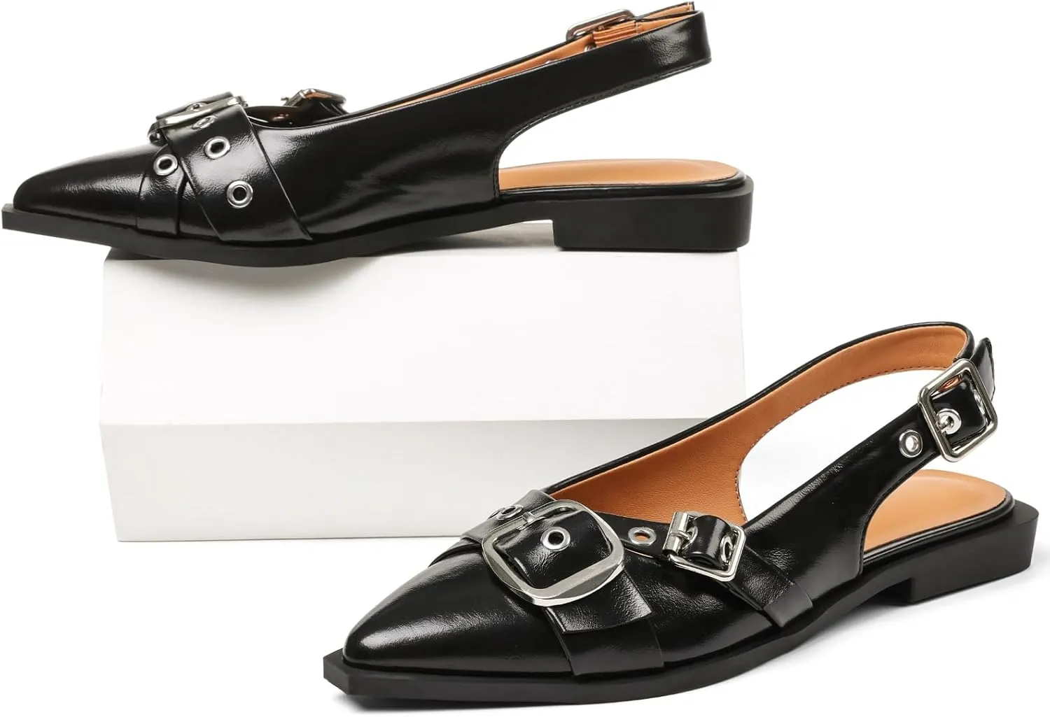 Women's Slingback Flats Closed Pointed Toe Low Heel Dress Flat Shoes Buckle Pathent Leather Ballet Flats for Women 2025 Comfrotable Work