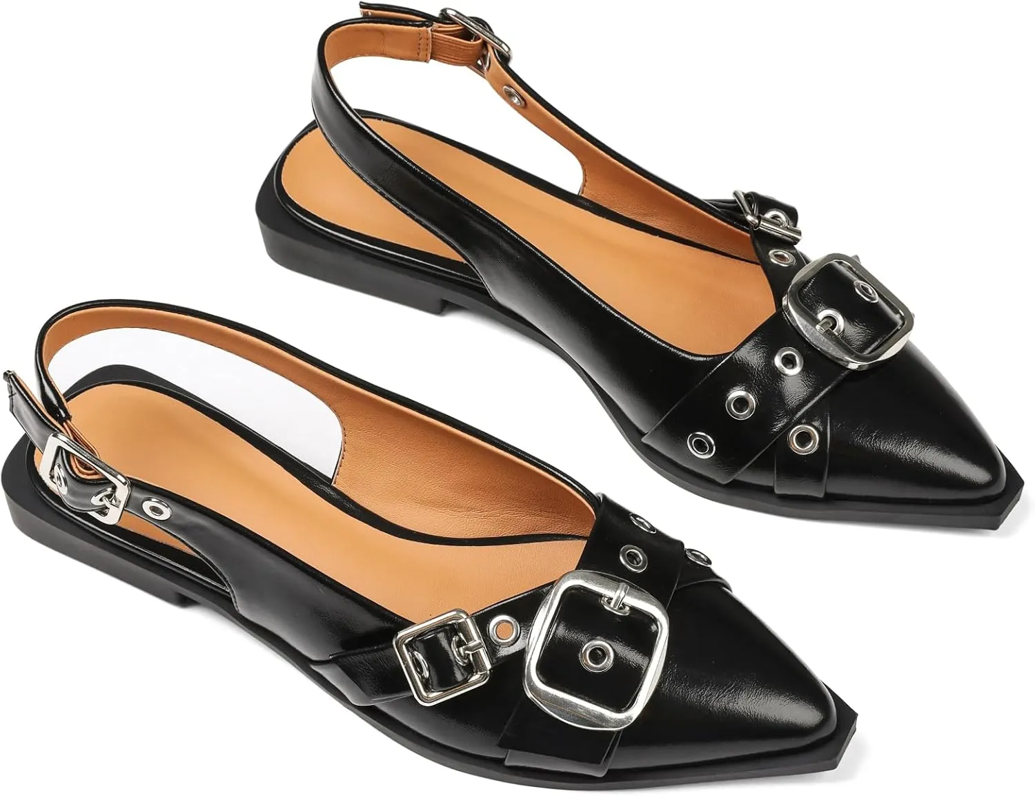 Women's Slingback Flats Closed Pointed Toe Low Heel Dress Flat Shoes Buckle Pathent Leather Ballet Flats for Women 2025 Comfrotable Work