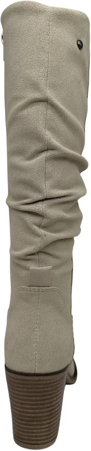 Women's Slouchy Knee High Boots, Stacked Block Heel, Side Zip, Black and Taupe