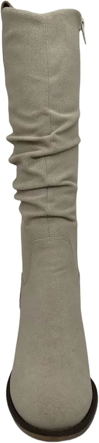 Women's Slouchy Knee High Boots, Stacked Block Heel, Side Zip, Black and Taupe