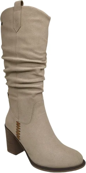 Women's Slouchy Knee High Boots, Stacked Block Heel, Side Zip, Black and Taupe