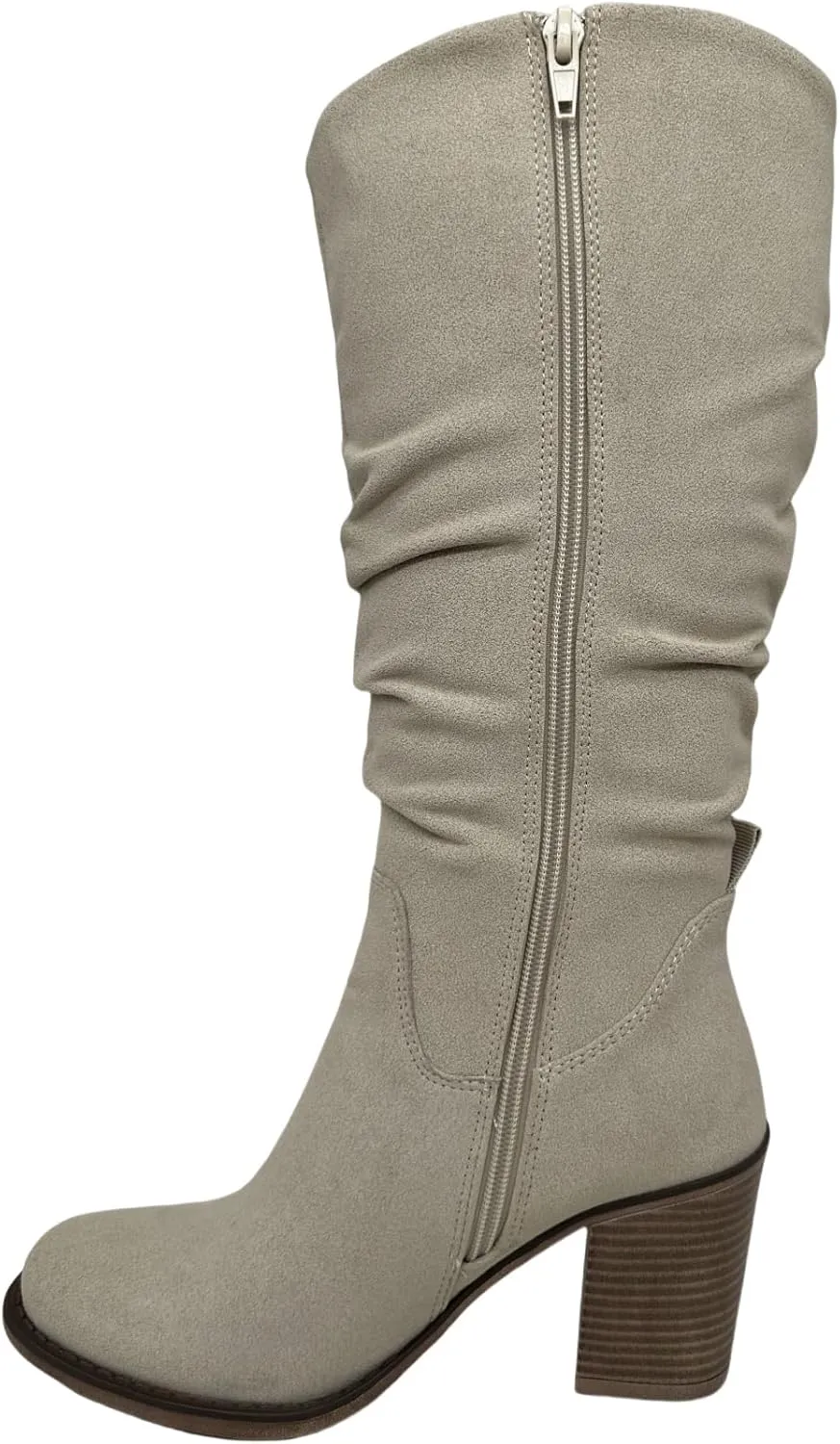 Women's Slouchy Knee High Boots, Stacked Block Heel, Side Zip, Black and Taupe