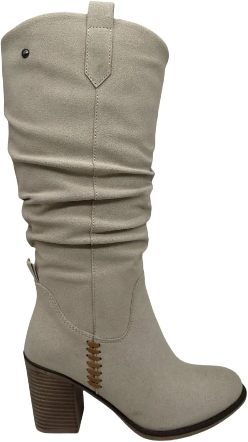 Women's Slouchy Knee High Boots, Stacked Block Heel, Side Zip, Black and Taupe