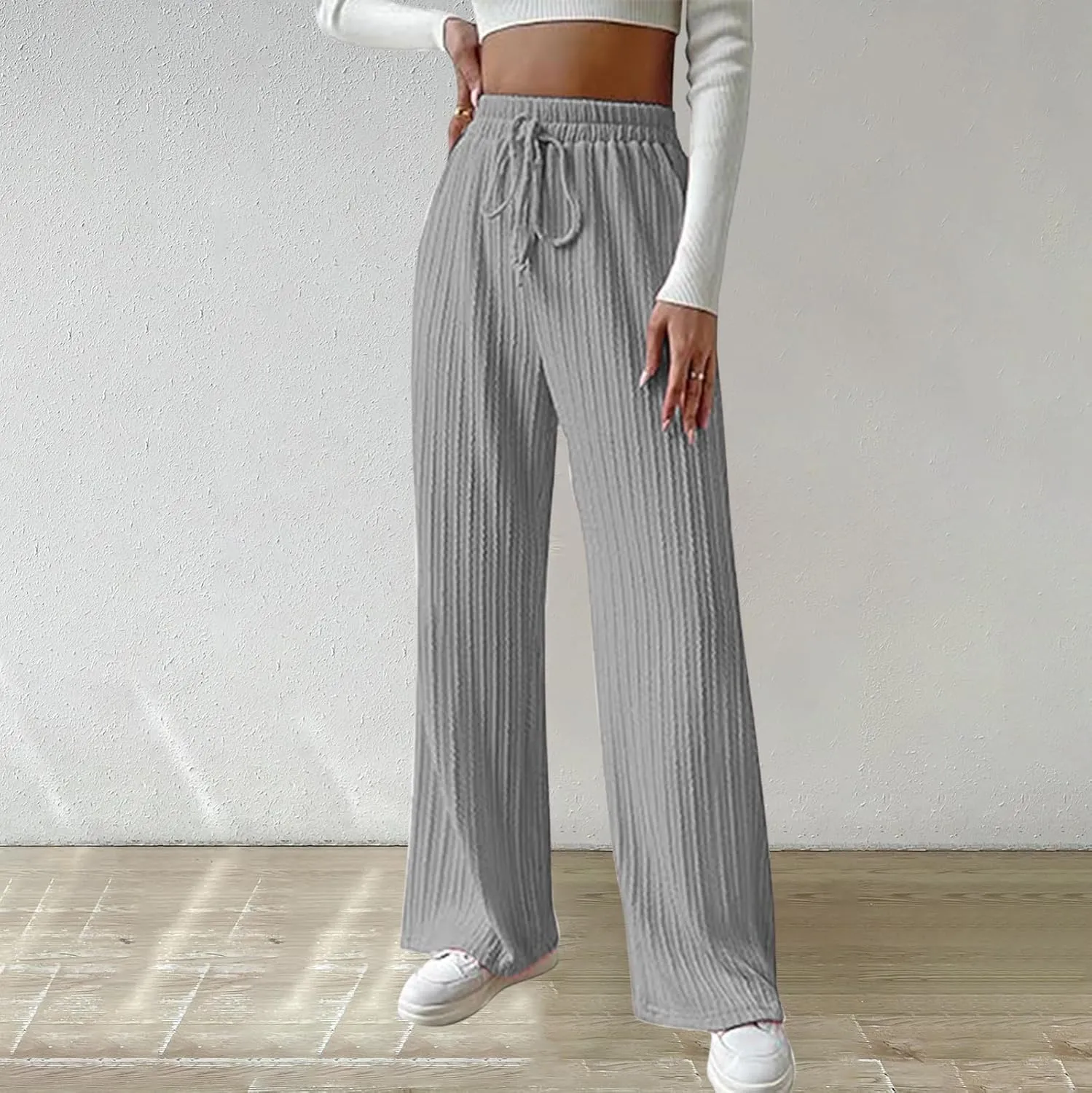 Womens Soft Knited Sweatpants Straight Leg Loose Lounge Trousers Casual Elastic Waist Work Sports Pants