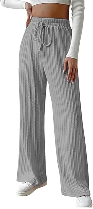 Womens Soft Knited Sweatpants Straight Leg Loose Lounge Trousers Casual Elastic Waist Work Sports Pants
