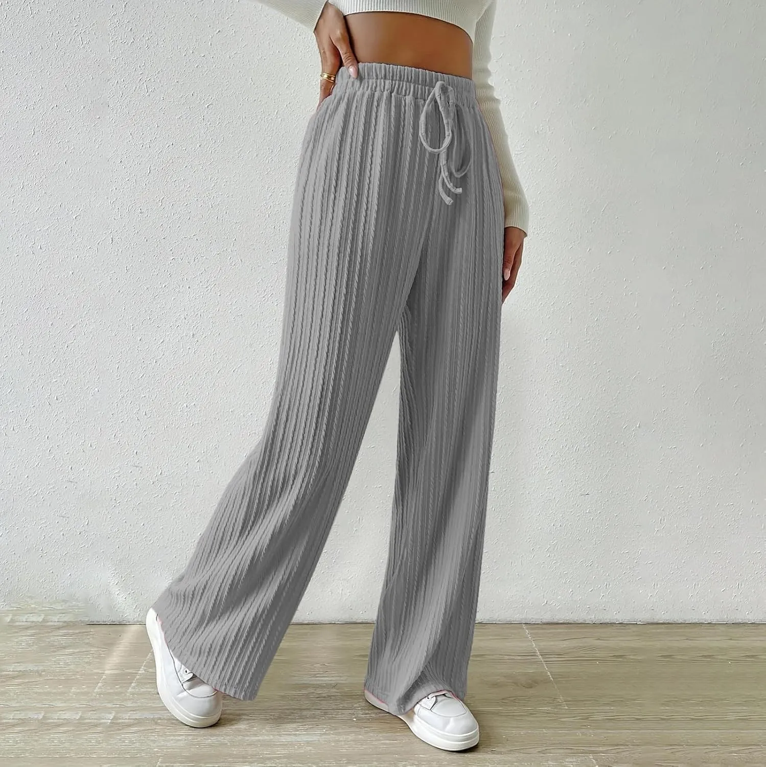 Womens Soft Knited Sweatpants Straight Leg Loose Lounge Trousers Casual Elastic Waist Work Sports Pants