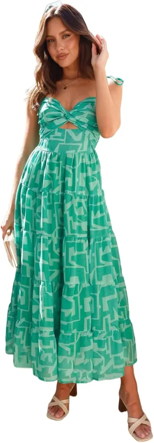 Women's Spaghetti Strap Maxi Dress Summer Sleeveless Hollow Out Casual Boho Backless Flowy Long Dresses