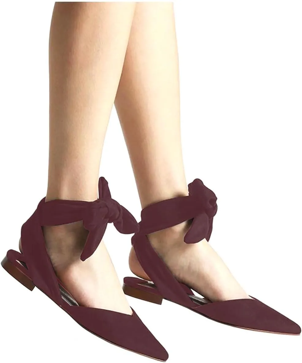 Women’s Suede Closed Pointed Toe Flats Elegant Wrap Around Ankle Strap Lace Up Ballet Shoes Low Heel Slingback Dress Wedding Party Sandals