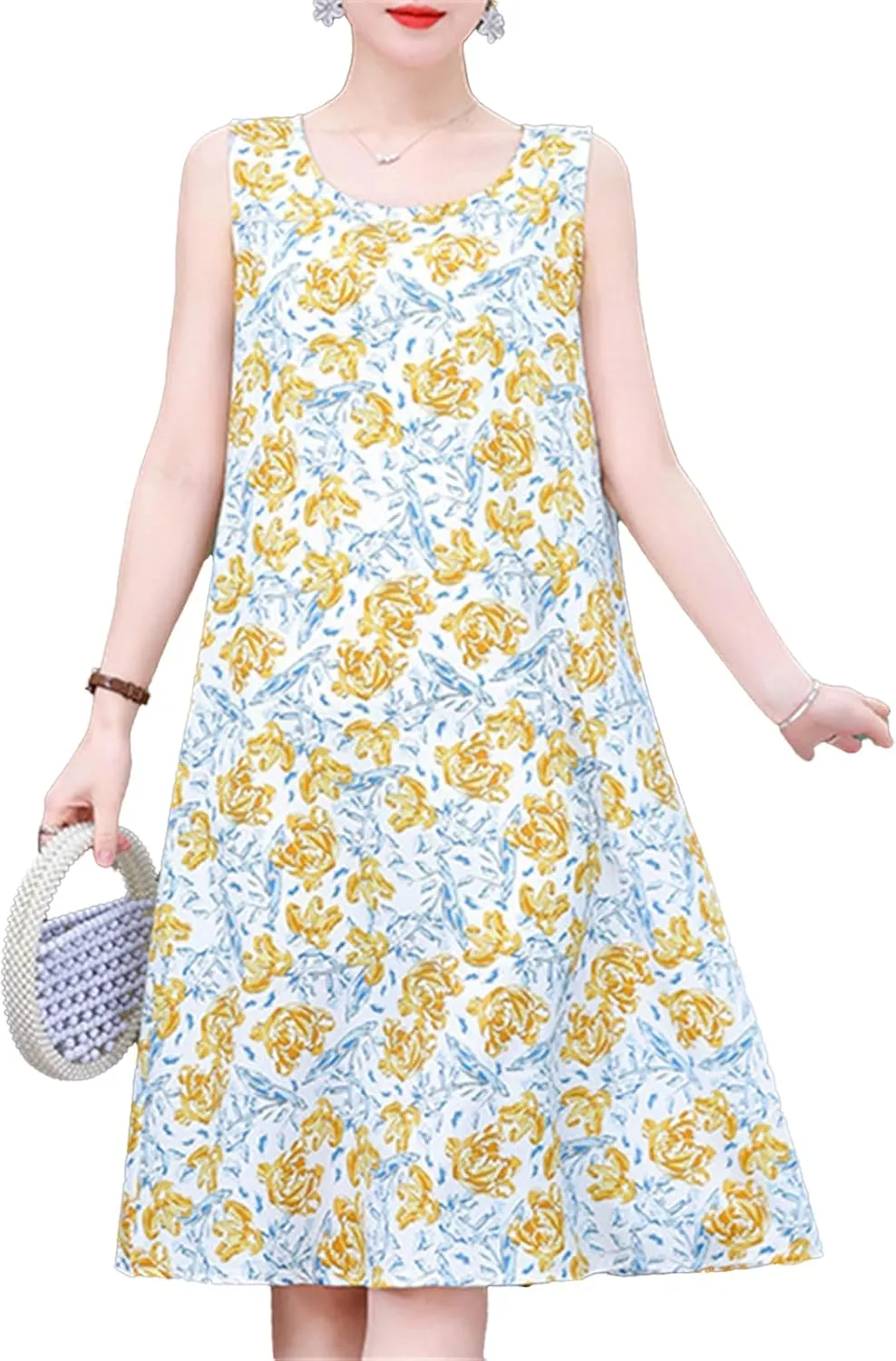 Women's Summer Boho Floral Midi Dress Sleeveless Beach Vacation Tank Sundress Casual Loose Comfort Fit
