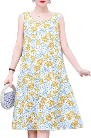 Women's Summer Boho Floral Midi Dress Sleeveless Beach Vacation Tank Sundress Casual Loose Comfort Fit
