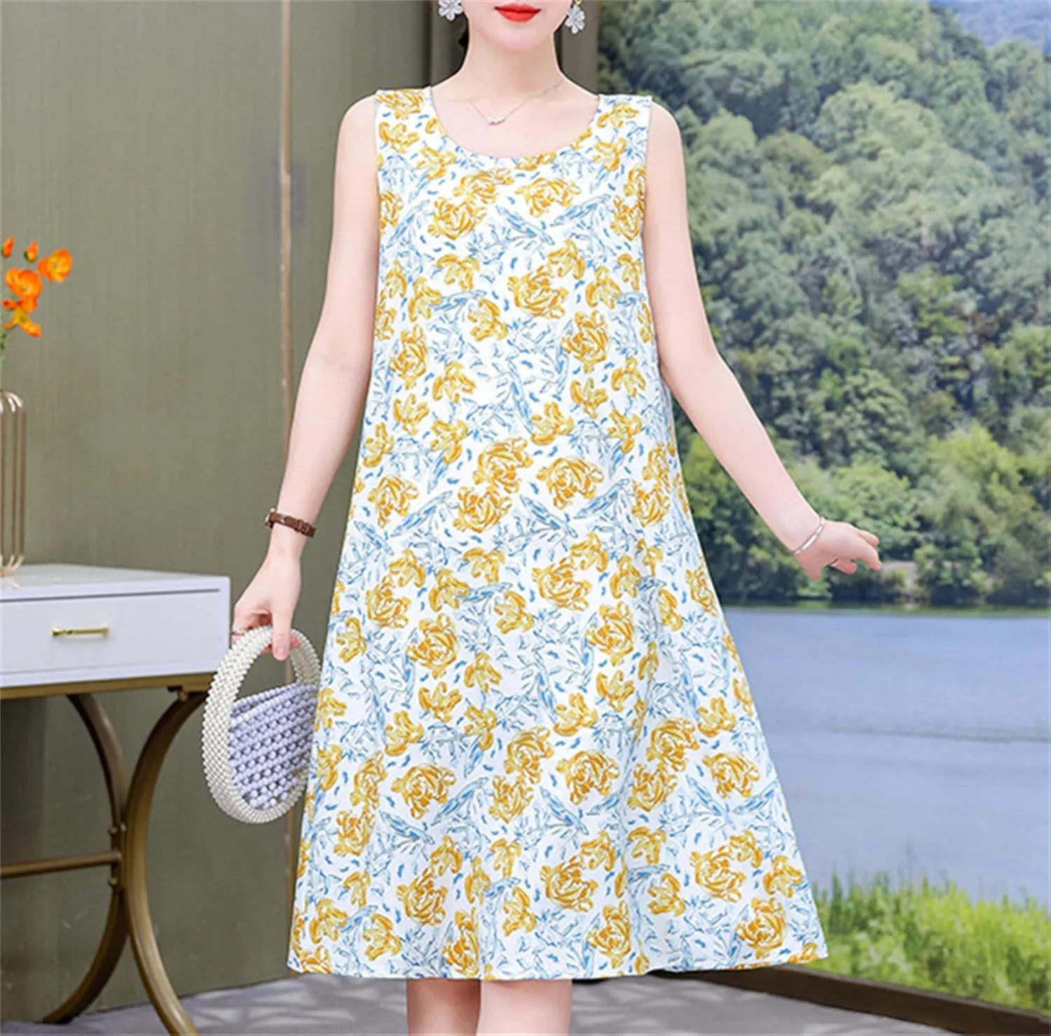 Women's Summer Boho Floral Midi Dress Sleeveless Beach Vacation Tank Sundress Casual Loose Comfort Fit