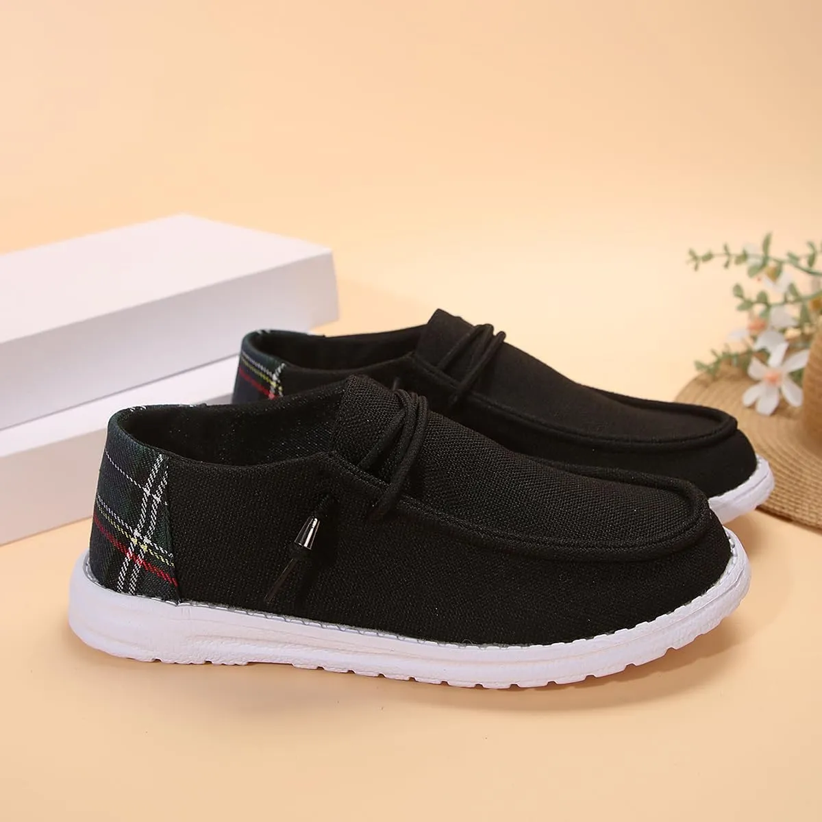 Women's Sunflower Print Canvas Casual Loafers Comfortable Light Weight Slip On Ultralight Sole Wide Boat Shoes Casual Lightweight Black Lace-Up Walking Flat Deck Shoes for Work and Traveling