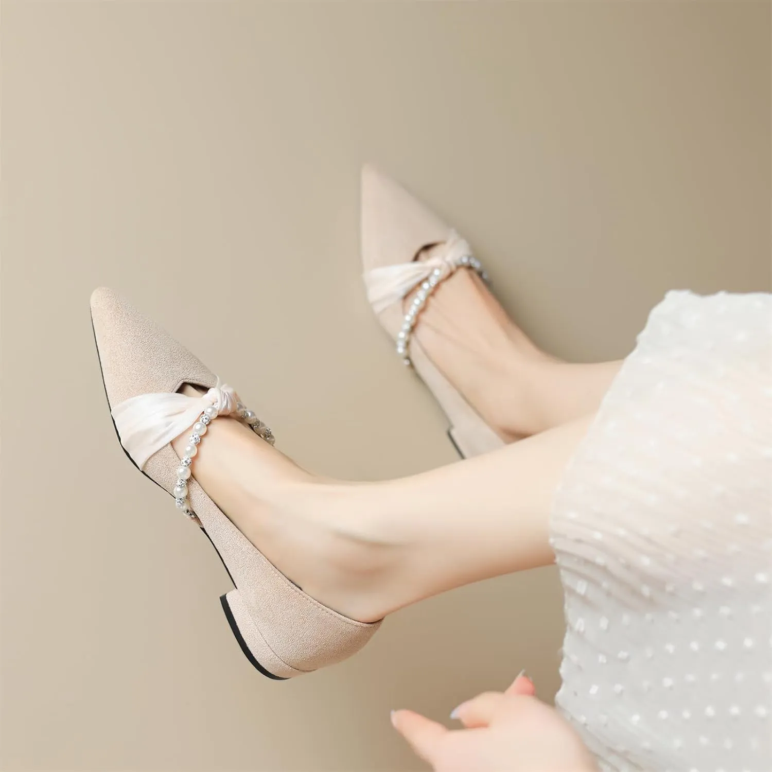 Women's Sweet Rhinestone Pearl String Bow Tulle Mesh Pointed Closed Toe Flats Low Block Heeled Classic Work Office Church Concise Casual Comfort Dress Business Party Shopping Shoes