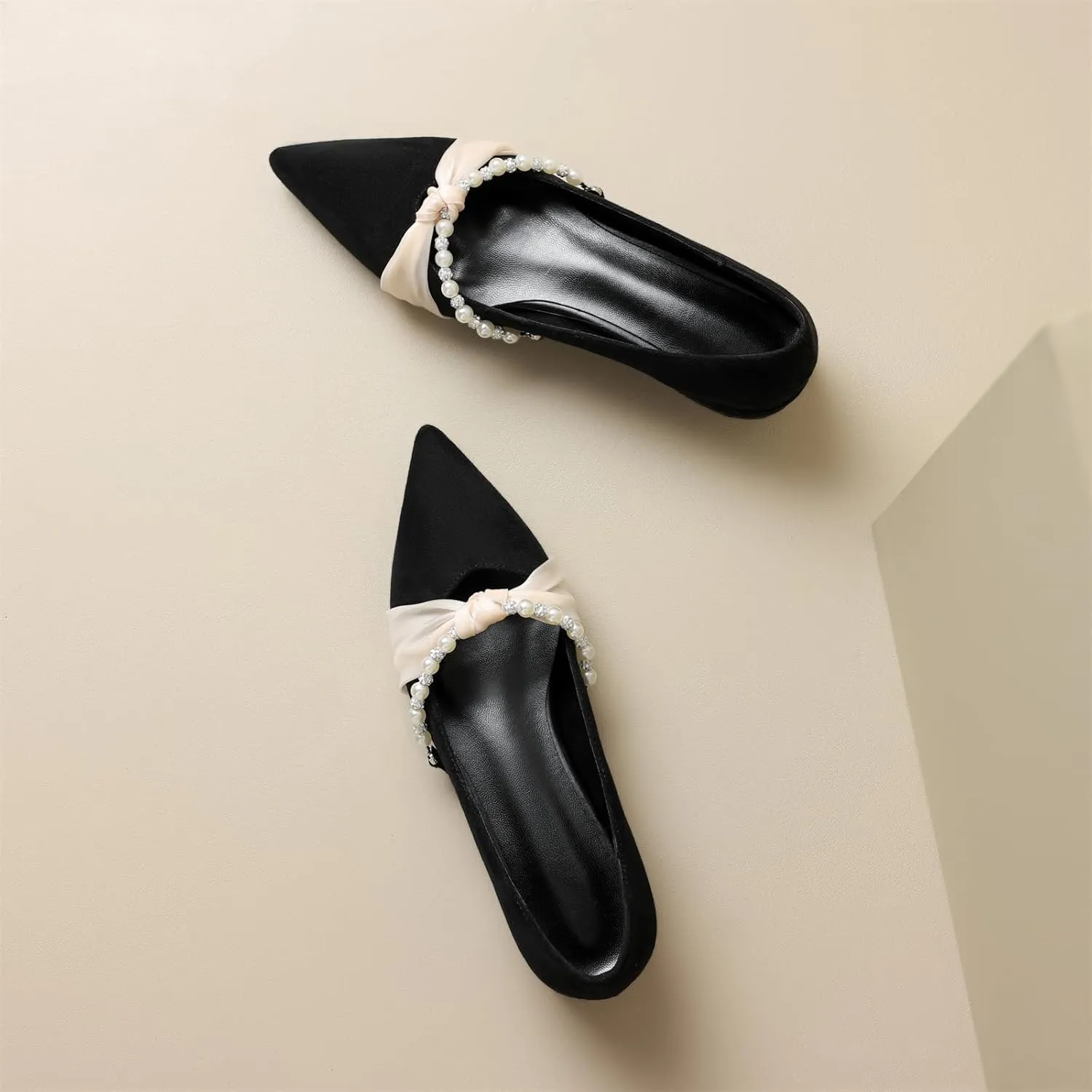 Women's Sweet Rhinestone Pearl String Bow Tulle Mesh Pointed Closed Toe Flats Low Block Heeled Classic Work Office Church Concise Casual Comfort Dress Business Party Shopping Shoes