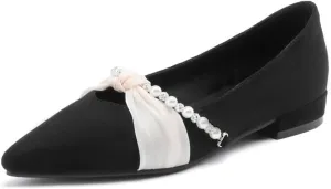 Women's Sweet Rhinestone Pearl String Bow Tulle Mesh Pointed Closed Toe Flats Low Block Heeled Classic Work Office Church Concise Casual Comfort Dress Business Party Shopping Shoes
