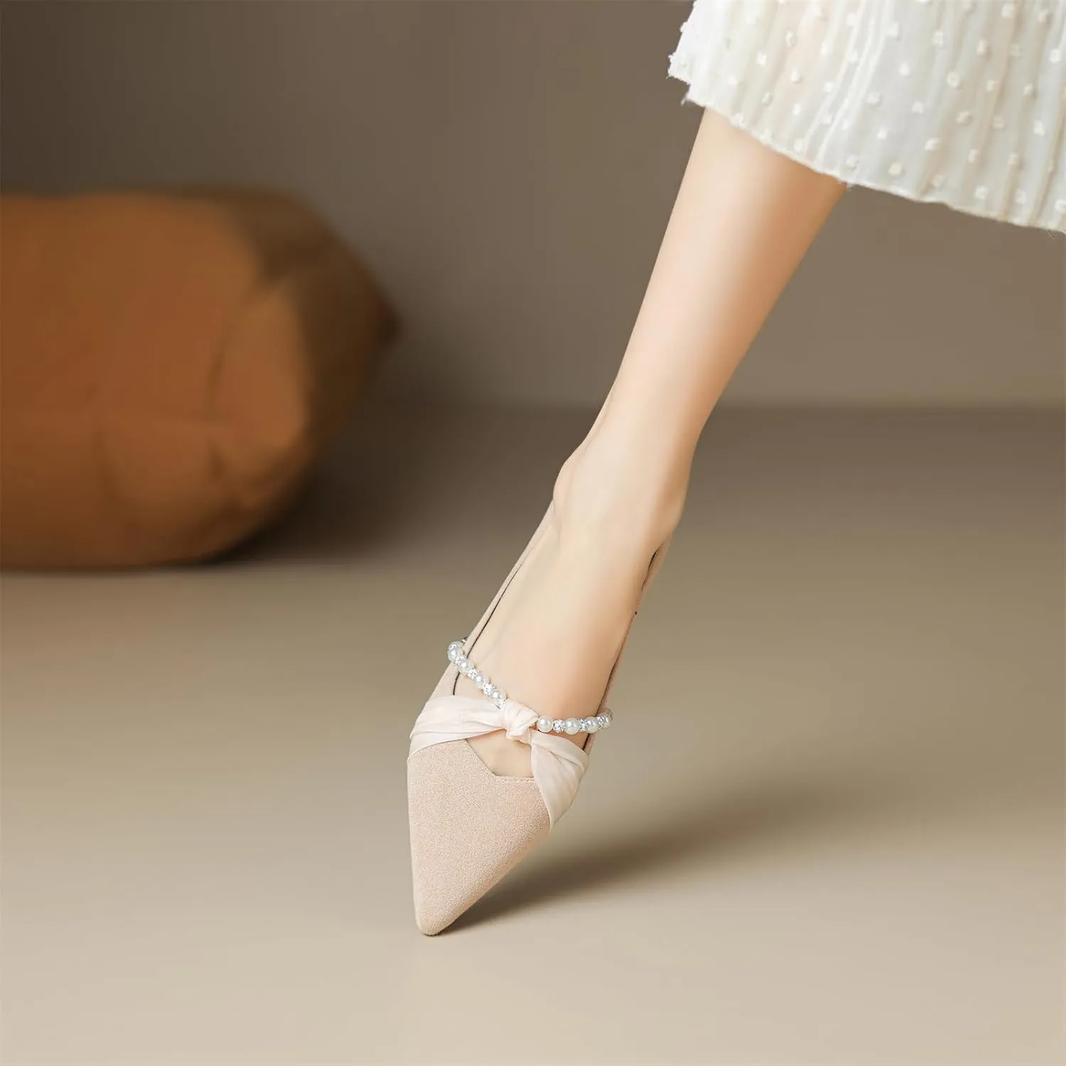 Women's Sweet Rhinestone Pearl String Bow Tulle Mesh Pointed Closed Toe Flats Low Block Heeled Classic Work Office Church Concise Casual Comfort Dress Business Party Shopping Shoes