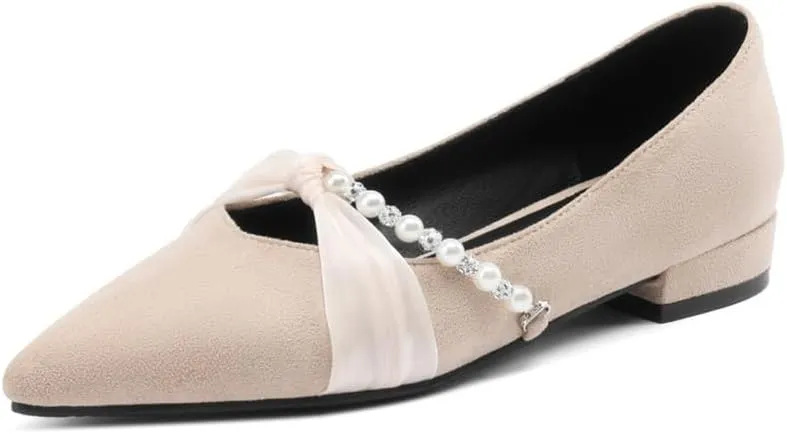 Women's Sweet Rhinestone Pearl String Bow Tulle Mesh Pointed Closed Toe Flats Low Block Heeled Classic Work Office Church Concise Casual Comfort Dress Business Party Shopping Shoes