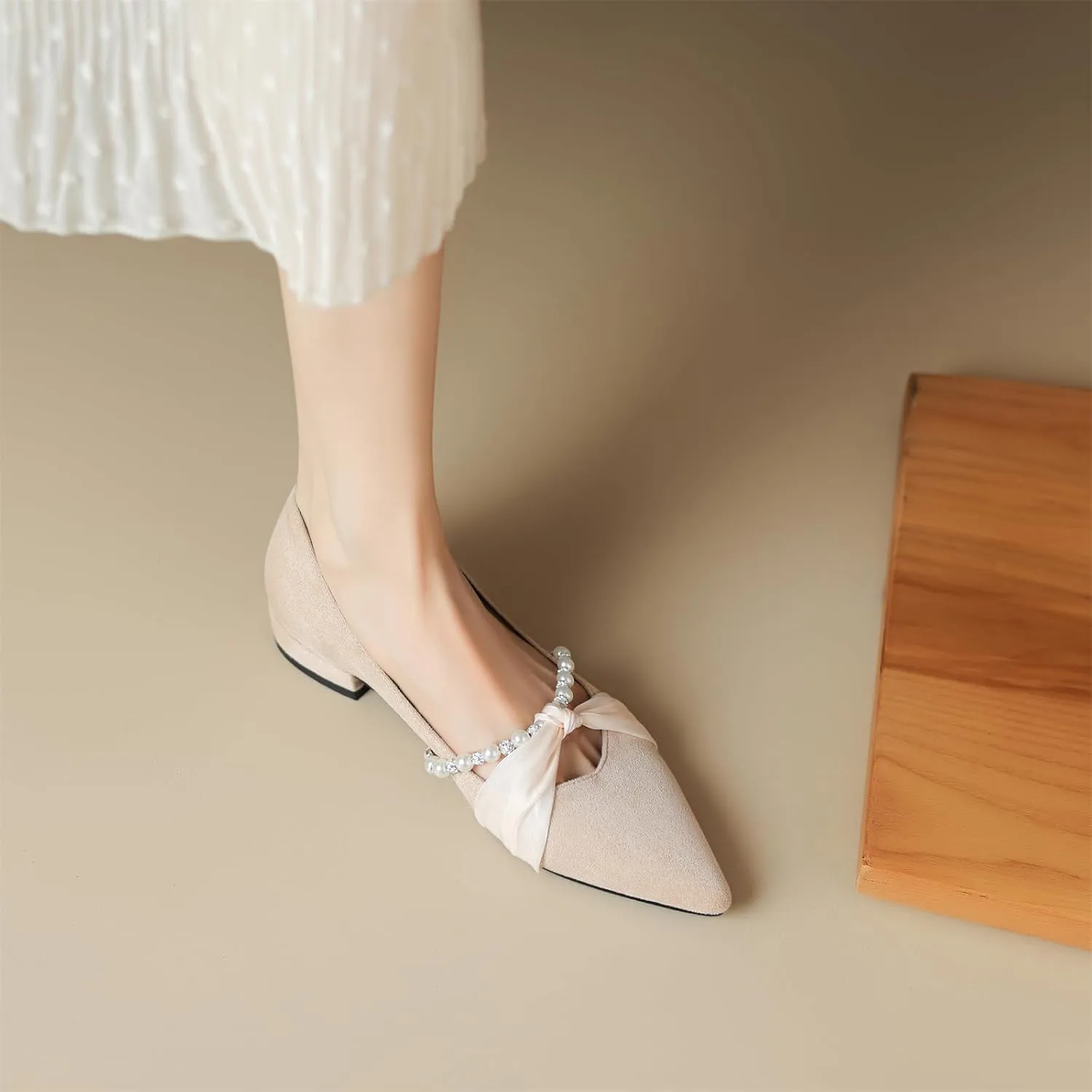 Women's Sweet Rhinestone Pearl String Bow Tulle Mesh Pointed Closed Toe Flats Low Block Heeled Classic Work Office Church Concise Casual Comfort Dress Business Party Shopping Shoes
