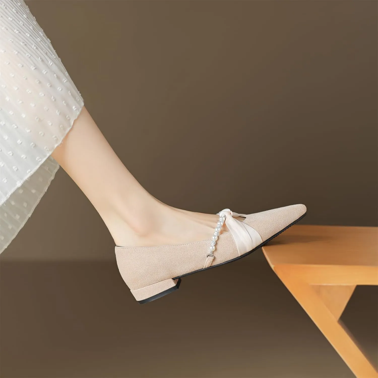 Women's Sweet Rhinestone Pearl String Bow Tulle Mesh Pointed Closed Toe Flats Low Block Heeled Classic Work Office Church Concise Casual Comfort Dress Business Party Shopping Shoes