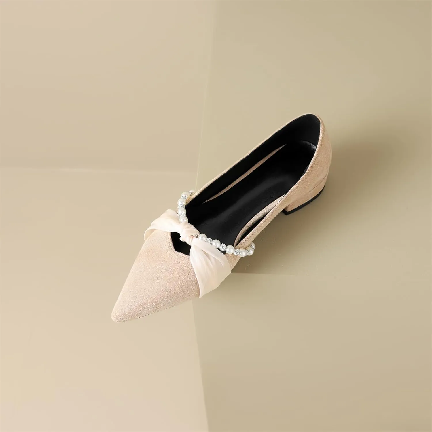 Women's Sweet Rhinestone Pearl String Bow Tulle Mesh Pointed Closed Toe Flats Low Block Heeled Classic Work Office Church Concise Casual Comfort Dress Business Party Shopping Shoes