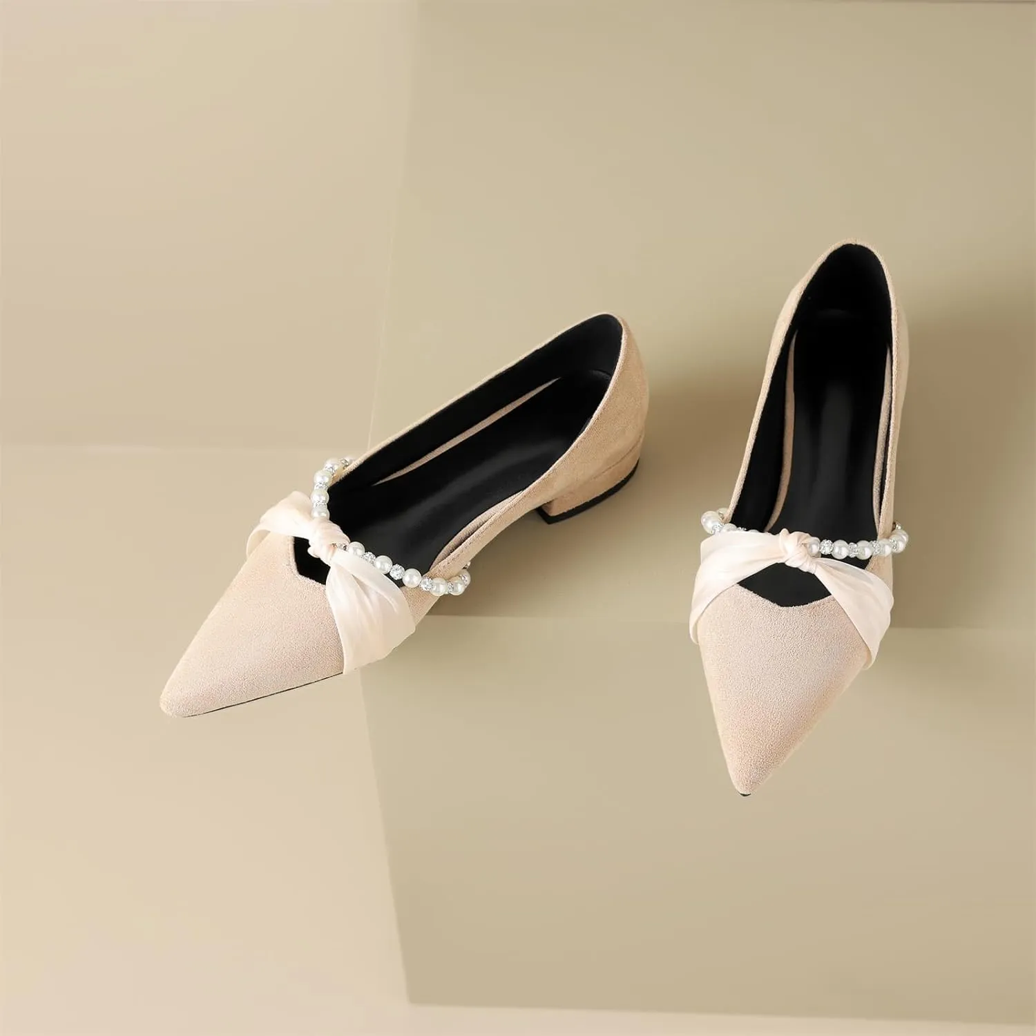 Women's Sweet Rhinestone Pearl String Bow Tulle Mesh Pointed Closed Toe Flats Low Block Heeled Classic Work Office Church Concise Casual Comfort Dress Business Party Shopping Shoes