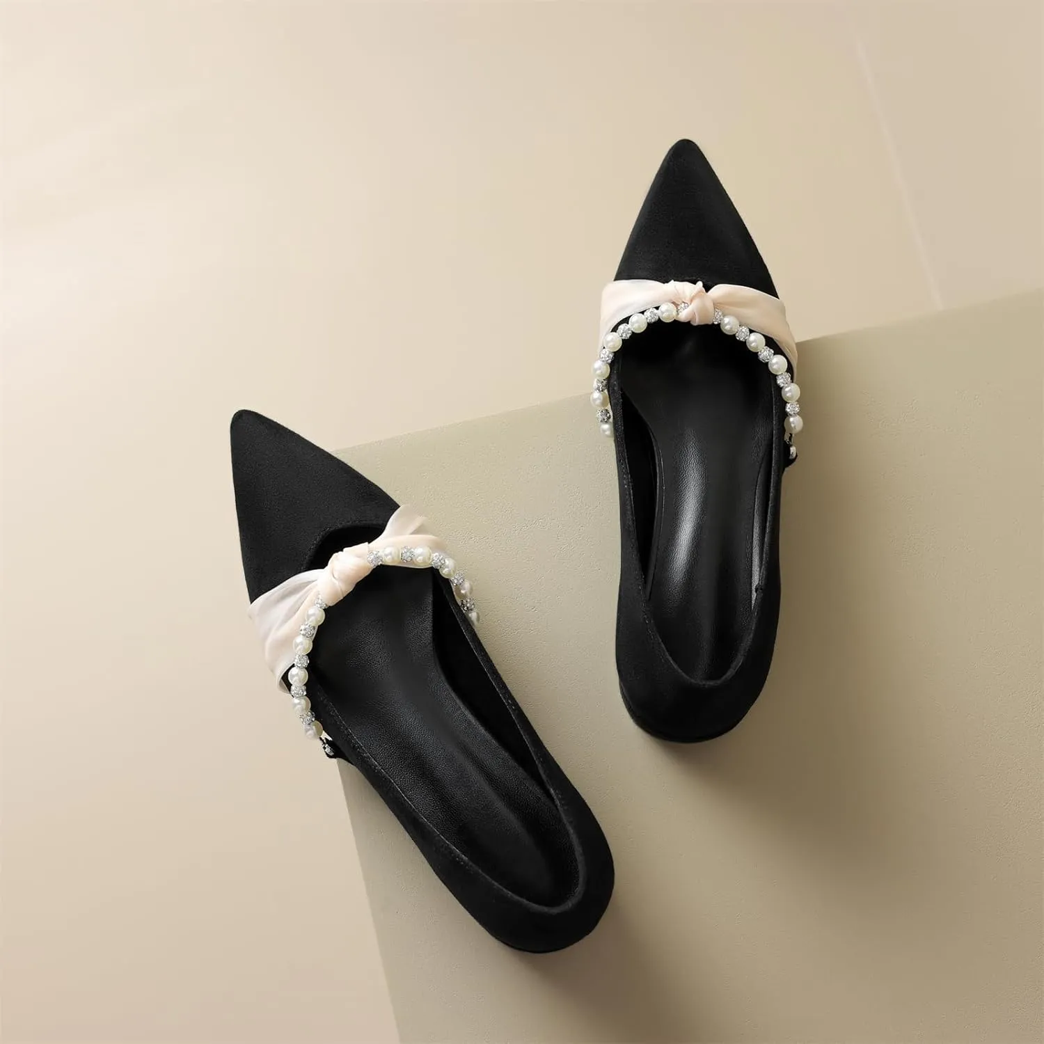 Women's Sweet Rhinestone Pearl String Bow Tulle Mesh Pointed Closed Toe Flats Low Block Heeled Classic Work Office Church Concise Casual Comfort Dress Business Party Shopping Shoes
