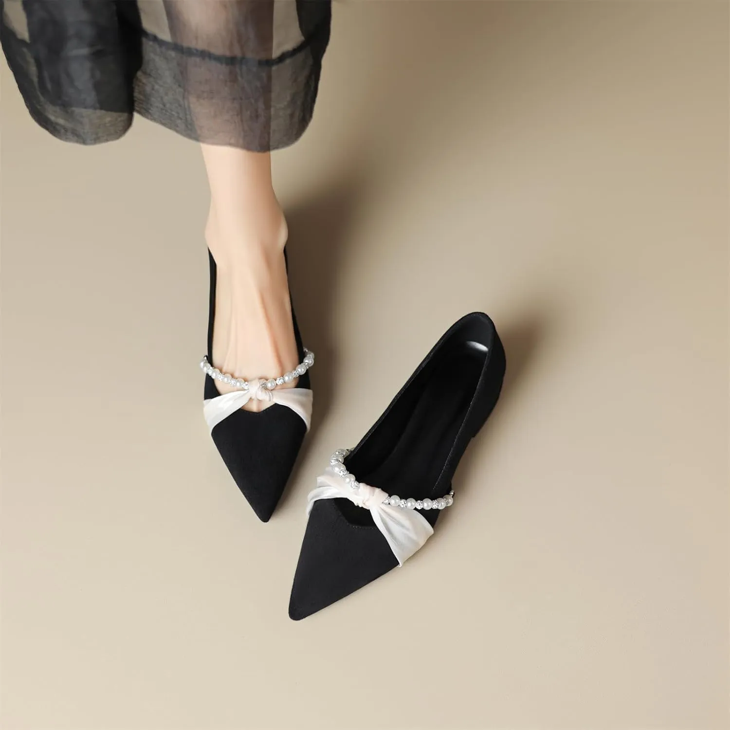Women's Sweet Rhinestone Pearl String Bow Tulle Mesh Pointed Closed Toe Flats Low Block Heeled Classic Work Office Church Concise Casual Comfort Dress Business Party Shopping Shoes