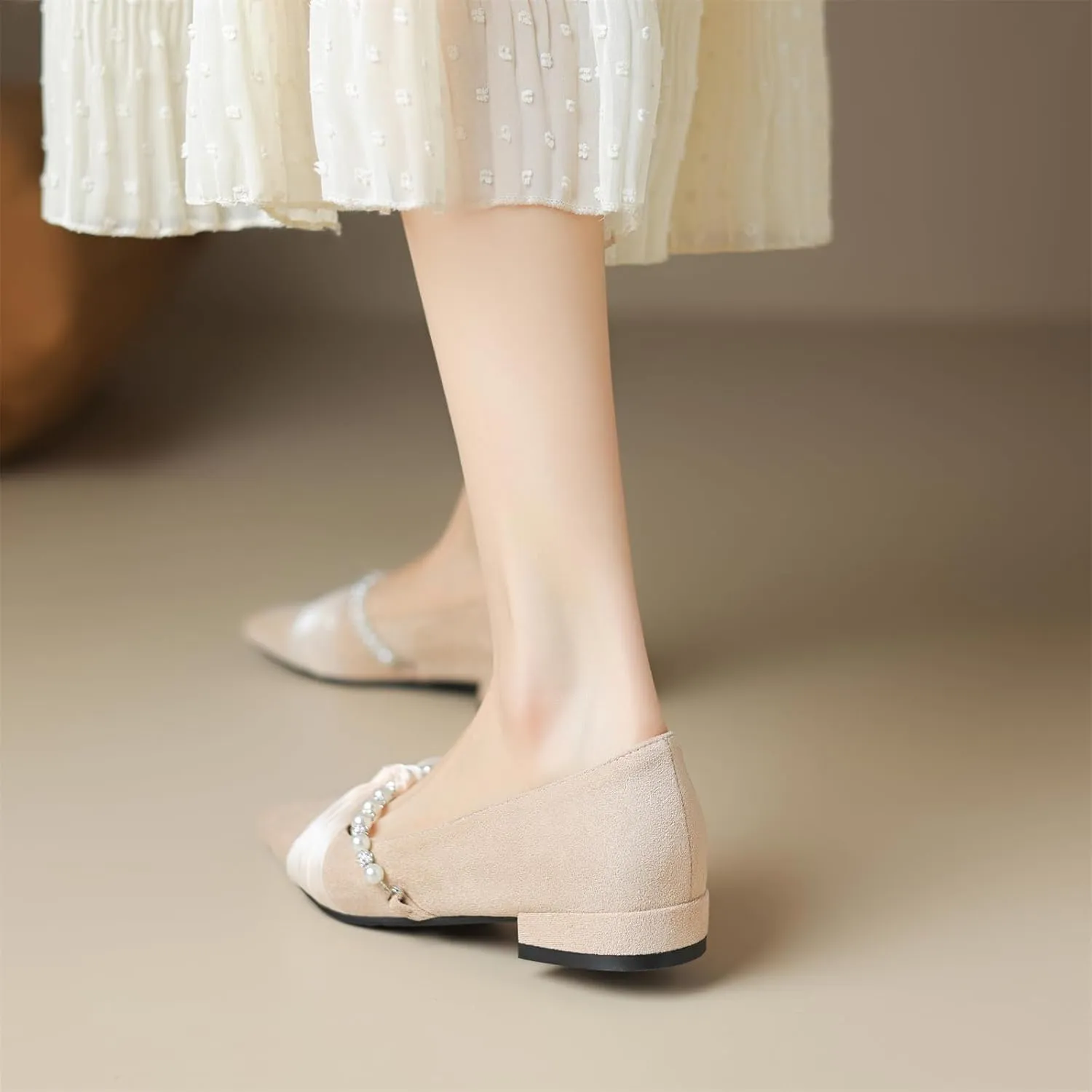 Women's Sweet Rhinestone Pearl String Bow Tulle Mesh Pointed Closed Toe Flats Low Block Heeled Classic Work Office Church Concise Casual Comfort Dress Business Party Shopping Shoes