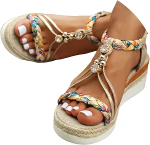 Women's T-Strap Bohemian Woven Wedge Sandals 2025 Open Toe Backless Orthopedic Summer Comfort Casual Ankle Elastic Sandals Beach Vacation Comfortable Slip On Dressy Outdoor Walking Shoes