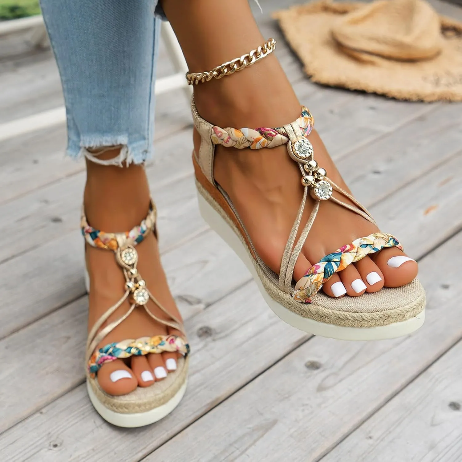 Women's T-Strap Bohemian Woven Wedge Sandals 2025 Open Toe Backless Orthopedic Summer Comfort Casual Ankle Elastic Sandals Beach Vacation Comfortable Slip On Dressy Outdoor Walking Shoes