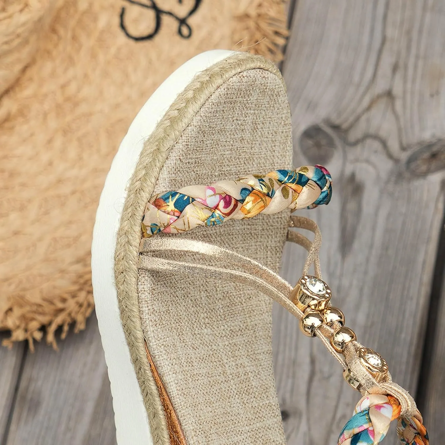 Women's T-Strap Bohemian Woven Wedge Sandals 2025 Open Toe Backless Orthopedic Summer Comfort Casual Ankle Elastic Sandals Beach Vacation Comfortable Slip On Dressy Outdoor Walking Shoes