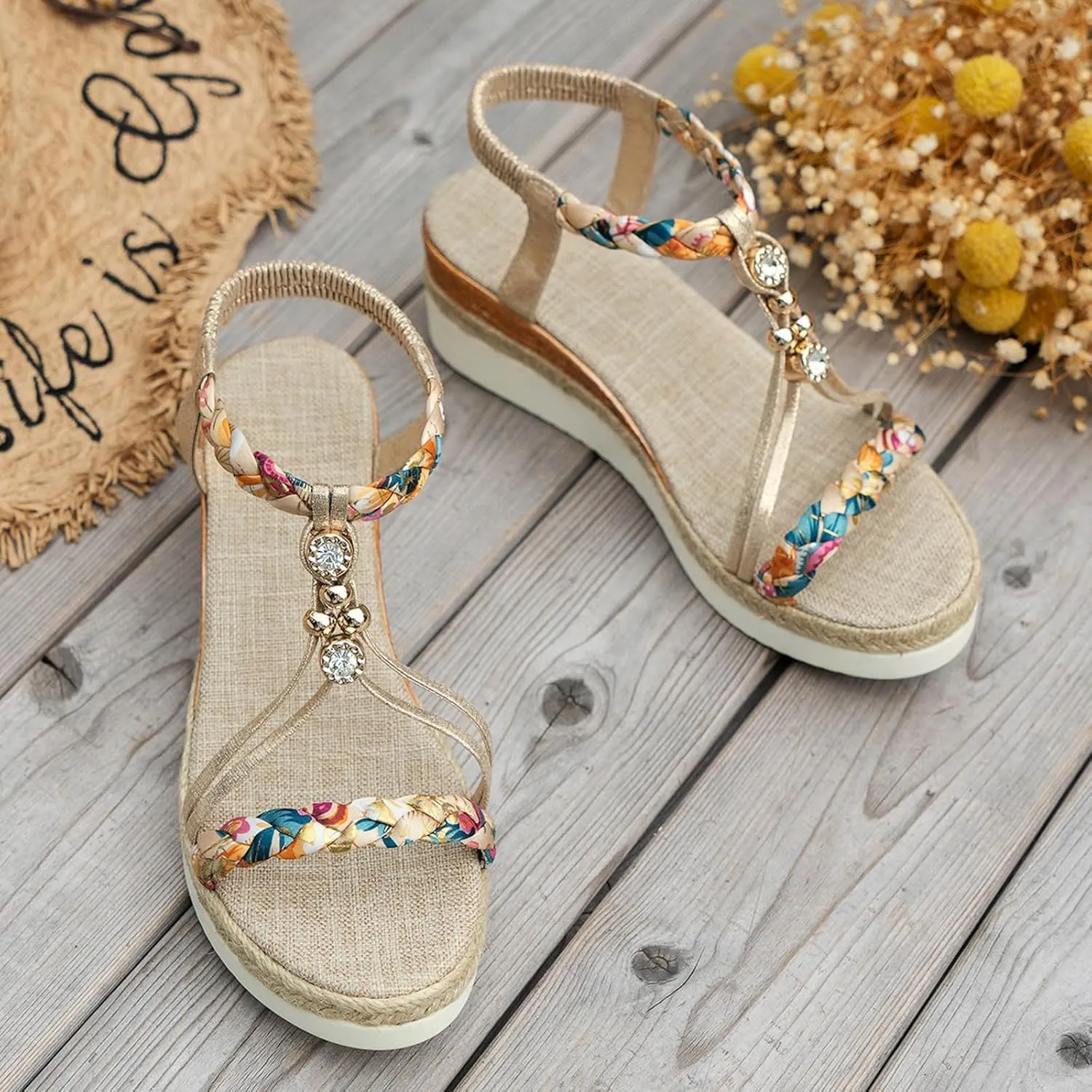 Women's T-Strap Bohemian Woven Wedge Sandals 2025 Open Toe Backless Orthopedic Summer Comfort Casual Ankle Elastic Sandals Beach Vacation Comfortable Slip On Dressy Outdoor Walking Shoes