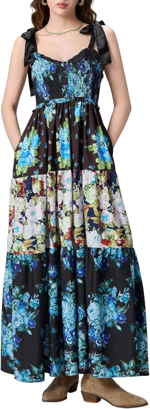 Women’s Tie Shoulder Floral Boho Maxi Dress Sleeveless Flowy Tiered A Line Long Sundress Going Out Flower Beach Dress