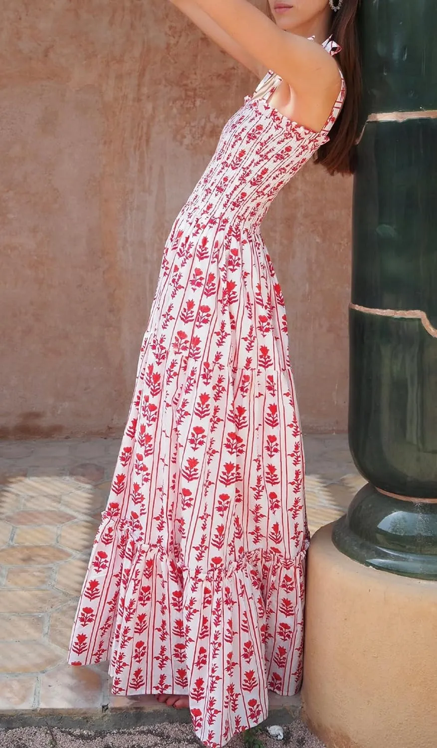 Women’s Tie Shoulder Floral Boho Maxi Dress Sleeveless Flowy Tiered A Line Long Sundress Going Out Flower Beach Dress